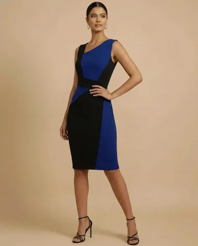 Vestido midi azul y blanco tubo cuello cubierto oficina