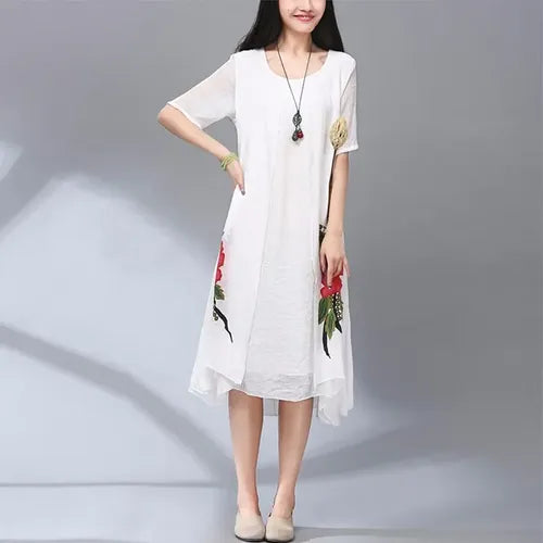Vestido Blanco Flor Roja  Vd 50 Blanco L