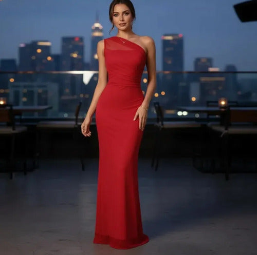 Vestido largo rojo mesh asimétrico ajustado M