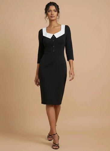 Vestido midi negro bodycon manga 3/4 cuello cuadrado