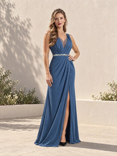 Vestido largo azul escote V con abertura alta