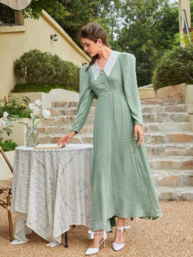 Vestido Largo Estampado Romántico Manga Larga Va 570 Verde L
