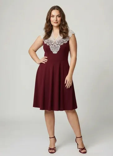 Vestido corto burdeo y violeta evasé cuello alto fiesta