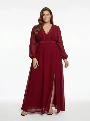 Vestido largo de fiesta bordó manga larga talla grande