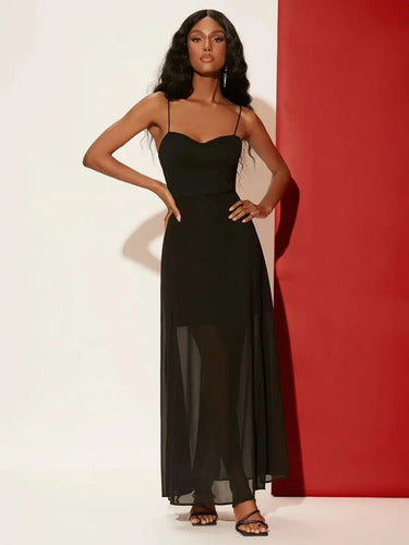 Vestido Fiesta Gasa Forrado Abertura Piernas Va 563 Negro S