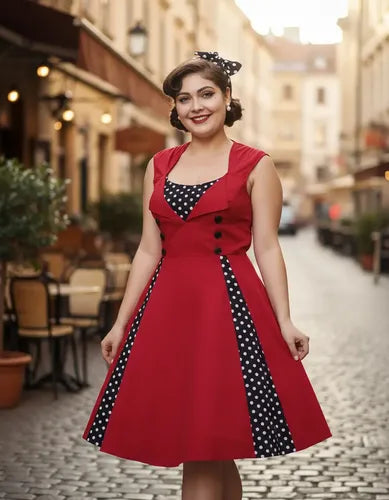Vestido corto bordó y negro pin up años 50 evasé