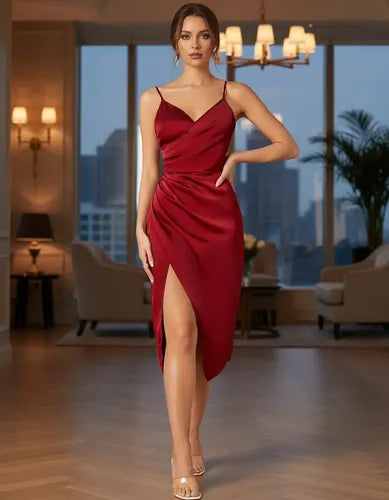 Vestido Fiesta Mujer Drapeado Abertura Alta Va 621