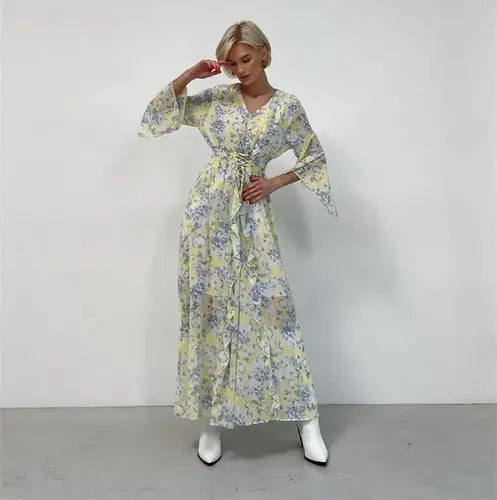 Vestido Largo Gasa Con Flores Vintage Femenino Vd 117