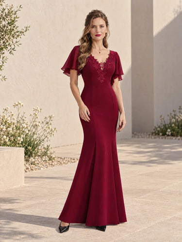 Vestido largo bordó sirena escote V elegante