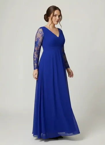 Vestido largo de fiesta evasé en gasa con manga larga