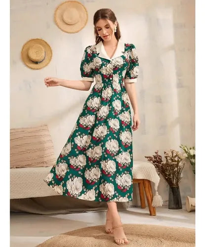 Vestido Largo Estampado Romántico Va 573 Verde Xl