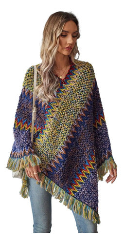 Poncho Tejido Chal De Punto Tapado Mujer