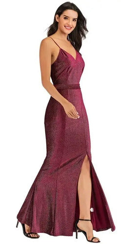 Vestidos Fiesta Largo Bodycon Sin Espalda Brillo Tajo Va 408